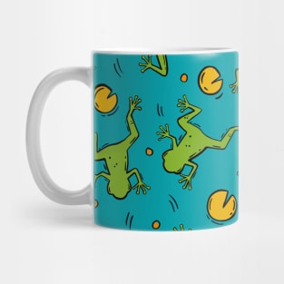 Frogs and Lily Pads Serenity: Green and Yellow on Bright Blue Mug